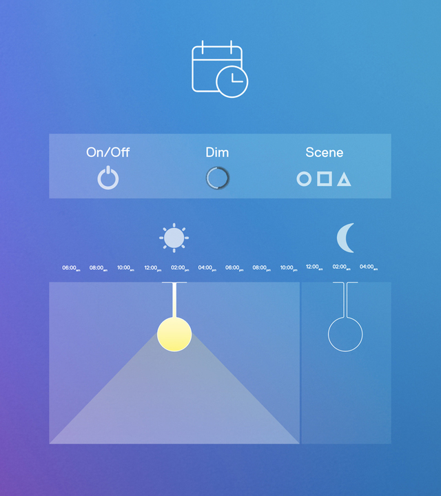 Graphics with illustrations showing scenes of switching the lamp on and off according to a timing that can be set from the Artemide APP via Alexa