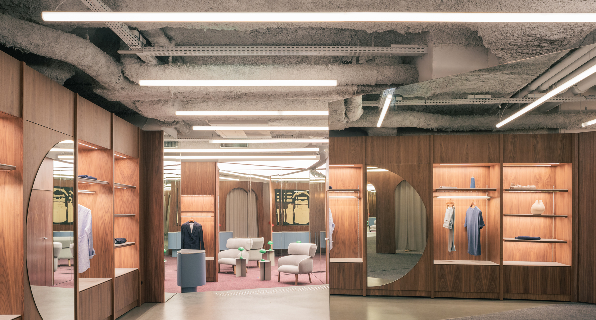 Image of the shop's main hall illuminated with Alphabet of Light.